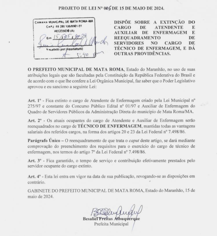 Prefeito Municipal protocolou na Sala de Funcionários do Poder Legislativo Projeto de Lei que dispões sobre nomenclatura de cargos de enfermagens.