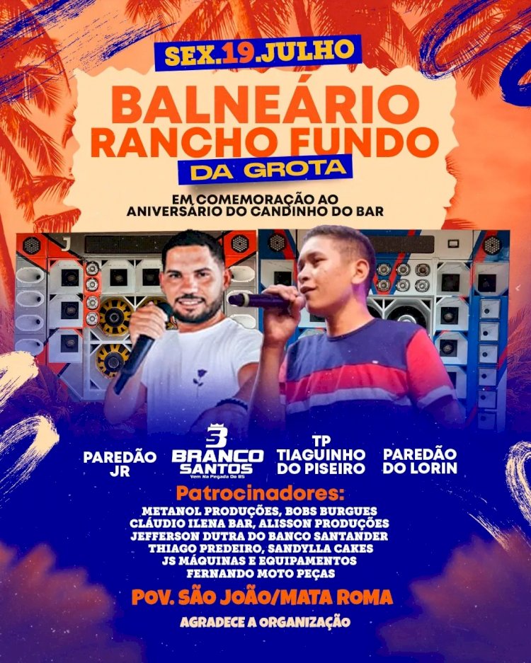 Músicas aos paredões  na sexta feira 19 de julho de 2024 no Balneário Rancho Fundo em comemoração ao aniversário do Candinho do Bar.