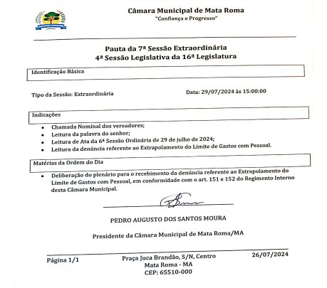 Camara Municipal de Mata Roma publicou no Diário Oficial do Poder Legislativo que fará Sessão Extraordinaria aos 29 de julho de 2024 a partir das 15 horas.