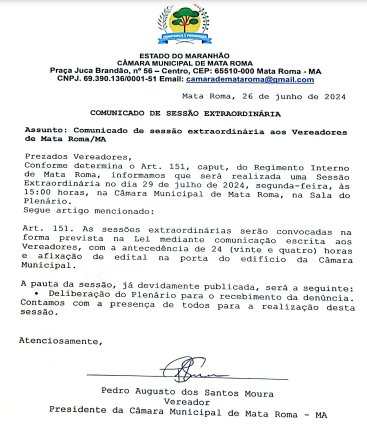 Camara Municipal de Mata Roma publicou no Diário Oficial do Poder Legislativo que fará Sessão Extraordinaria aos 29 de julho de 2024 a partir das 15 horas.