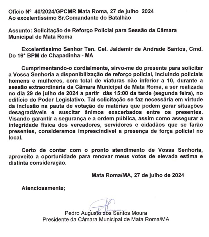 07ª Sessão Extraordinária  a ser realizada aos 29 de julho de 2024  na Camara Municipal   contará novamente   com  Reforço Policial  em razão de matérias  em épigrafe  em pauta.