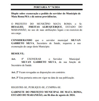 Poder Executivo nomeou nessa terça feira Gustavo Adriano ao cargo de Secretário de Saúde  de Mata Roma sob  Portaria Nº 75/2024/GP/PMMR de 06 de agosto de 2024.