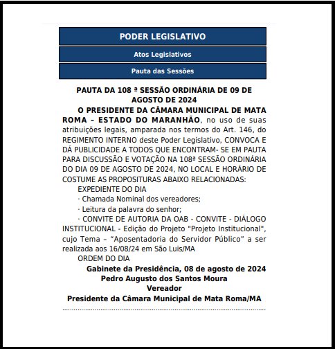 Pauta da Sessão Ordinária á ser realizada aos 09 de agosto de 2024 pela Camara de Mata Roma - MA