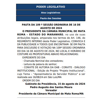 Pauta da 109ª Sessão Ordinária do dia 16 de agosto de 2024 - Camara Municipal de Mata Roma - Ma