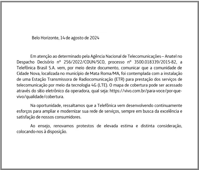 Comunidade Cidade Nova, foi contemplada com a instalação de uma Estação Transmissora de Radiocomunicação/MA ETR para prestação de serviços por meio da tecnoligia 4g - LTE.