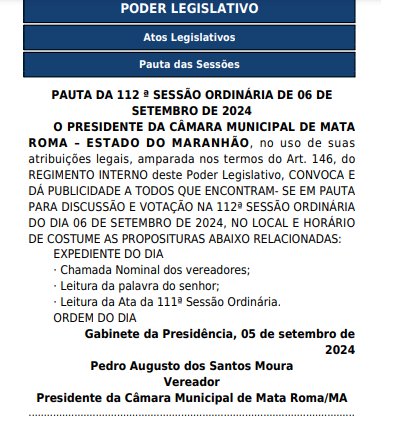 Pauta da 112ª Sessão Ordinária a realizar se aos 06 de setembro de 2024