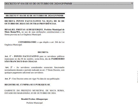 DECRETA PONTO FACULTATIVO NA DATA DE 04 DE OUTUBRO DE 2024 E DÁ OUTRAS PROVIDÊNCIAS.