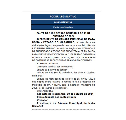 Pauta da 116ª Sessão Ordinária da Câmara Municipal de Mata Roma - MA