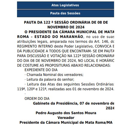 Pauta da 122ª Sessão Ordinária desta sexta feira, 08 de novembro de 2024 - Camara Municipal de Mata Roma - MA