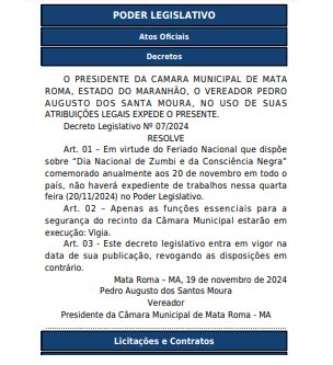 Não haverá expediente de trabalhos nessa quarta feira no Poder Legislativo de Mata Roma - MA, Decreto Legislativo Nº 007/2024