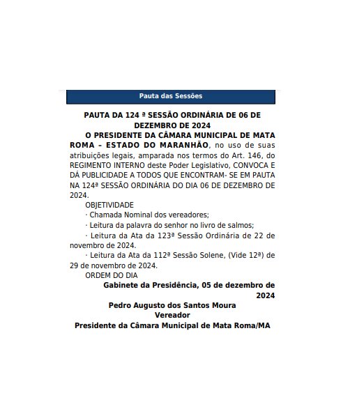 Pauta da 124ª Sessão Ordinária, bem como Sessão Solene  de 06 de dezembro de 2024