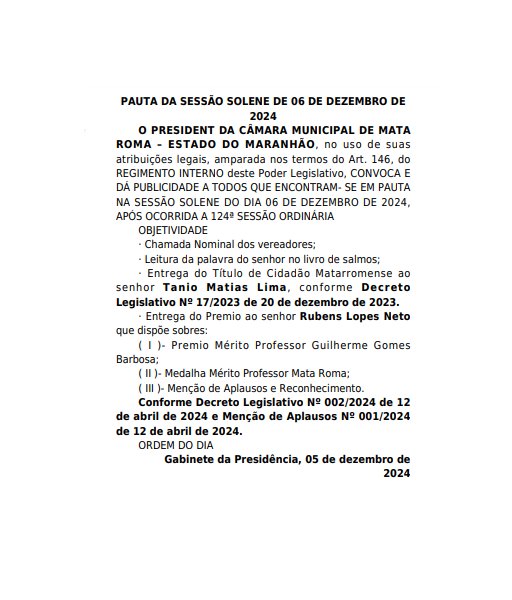 Pauta da 124ª Sessão Ordinária, bem como Sessão Solene  de 06 de dezembro de 2024