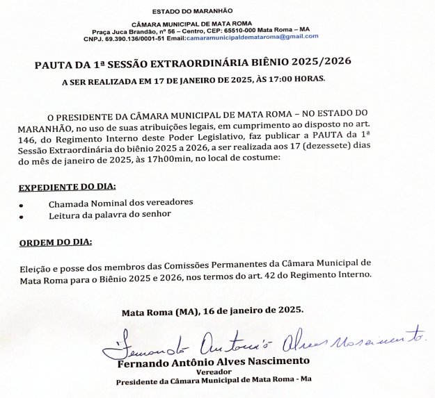 Camara Municipal de Mata Roma realizará duas Sessões Extraordinárias nessa sexta   feira para tratar de projetos de proposituras que dispõe sobre normas de Cargos de  Comissão do  Poder Legislativo e formação  de membros  para compor as comissões permanentes.