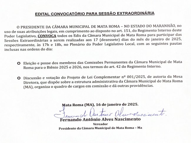 Camara Municipal de Mata Roma realizará duas Sessões Extraordinárias nessa sexta   feira para tratar de projetos de proposituras que dispõe sobre normas de Cargos de  Comissão do  Poder Legislativo e formação  de membros  para compor as comissões permanentes.