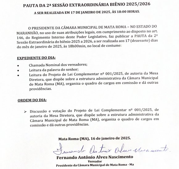 Camara Municipal de Mata Roma realizará duas Sessões Extraordinárias nessa sexta   feira para tratar de projetos de proposituras que dispõe sobre normas de Cargos de  Comissão do  Poder Legislativo e formação  de membros  para compor as comissões permanentes.